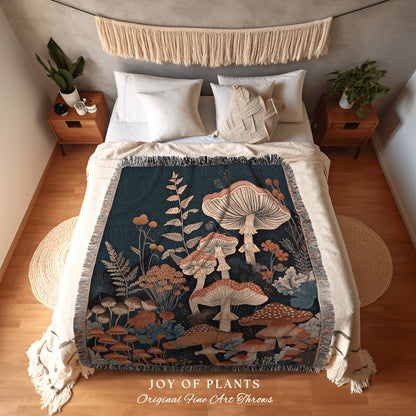 Rustic Toadstool Blanket Woven Fringe | Eclectic Throw for Mushroom Lover Gift Whimsical Room Decor Reading Nook Aesthetic Boho Tapestry