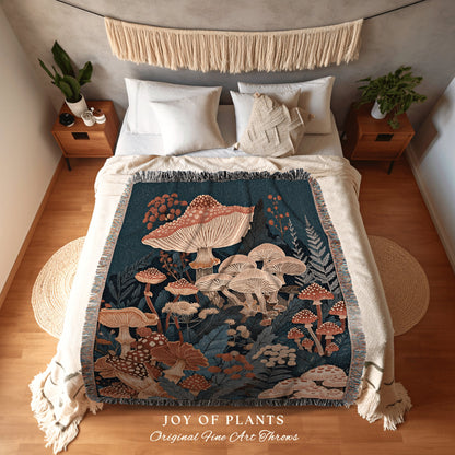 Woven Fringe Tapestry Mushroom Blanket | Eclectic Throw for Mushroom Lover Whimsical Room Decor Reading Nook Aesthetic Toadstool |