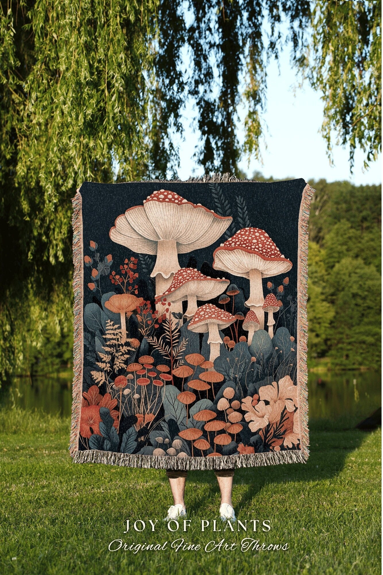 Maximalist Mushroom Blanket Woven | Eclectic Throw for Mushroom Lover Gift Whimsical Room Decor Reading Nook Aesthetic Toadstool Tapestry |