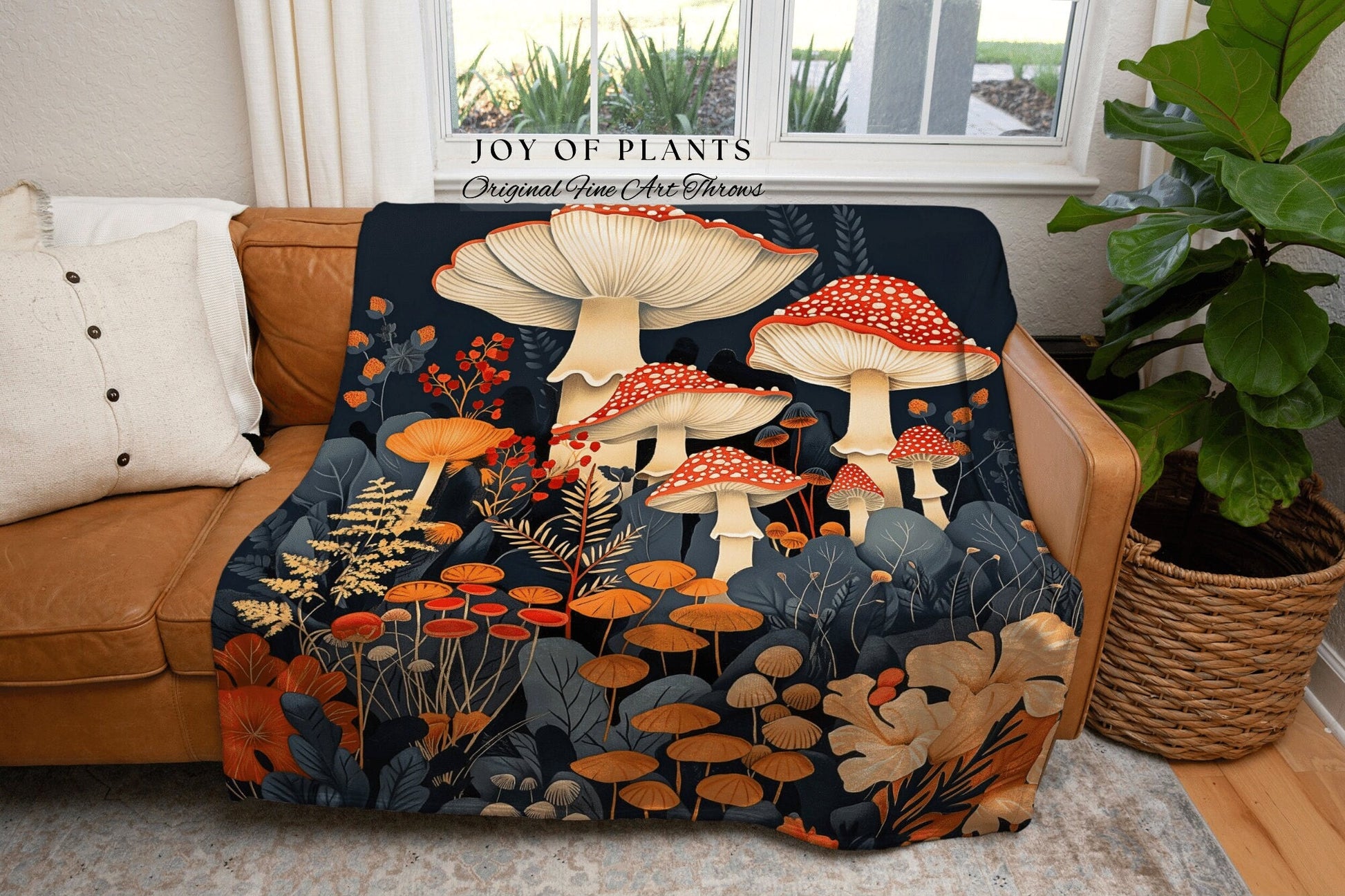 Maximalist Mushroom Blanket Woven | Eclectic Throw for Mushroom Lover Gift Whimsical Room Decor Reading Nook Aesthetic Toadstool Tapestry |