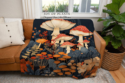 Maximalist Mushroom Blanket Woven | Eclectic Throw for Mushroom Lover Gift Whimsical Room Decor Reading Nook Aesthetic Toadstool Tapestry |