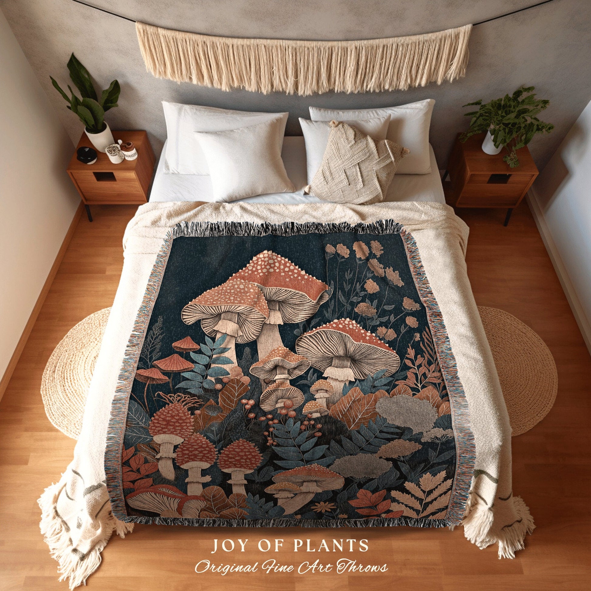 Fungi Blanket Woven Decor | Eclectic Throw for Mushroom Lover Gift Whimsical Room Decor Reading Nook Aesthetic Toadstool