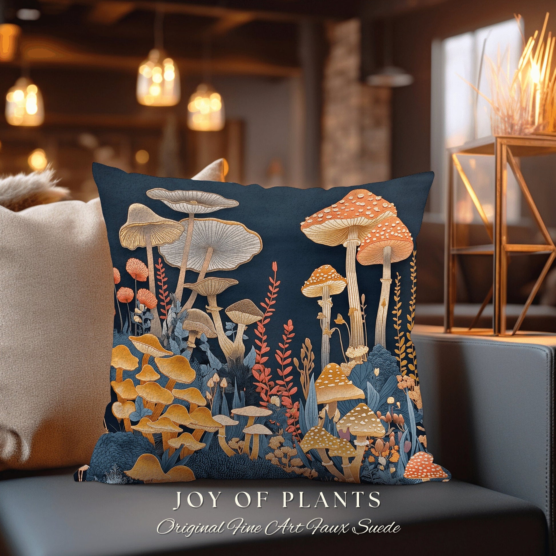 Mushroom Throw Pillow Faux Embroidery | Room Decor Eclectic Gift for Reading Nook Fairy Core Toadstool Cushion Woven Cottagecore Mycology |