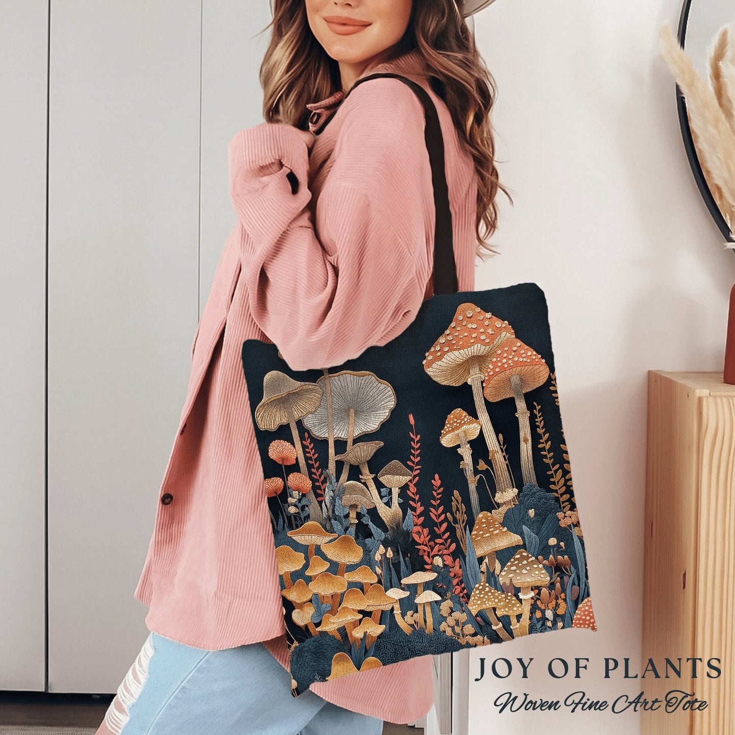 Woodland Whimsy Tote Bag | Eclectic Gift for Forager Fairy Core Toadstool Tapestry Tote Woven Witchy Satchel Whimsical Mushroom Lover Gifts