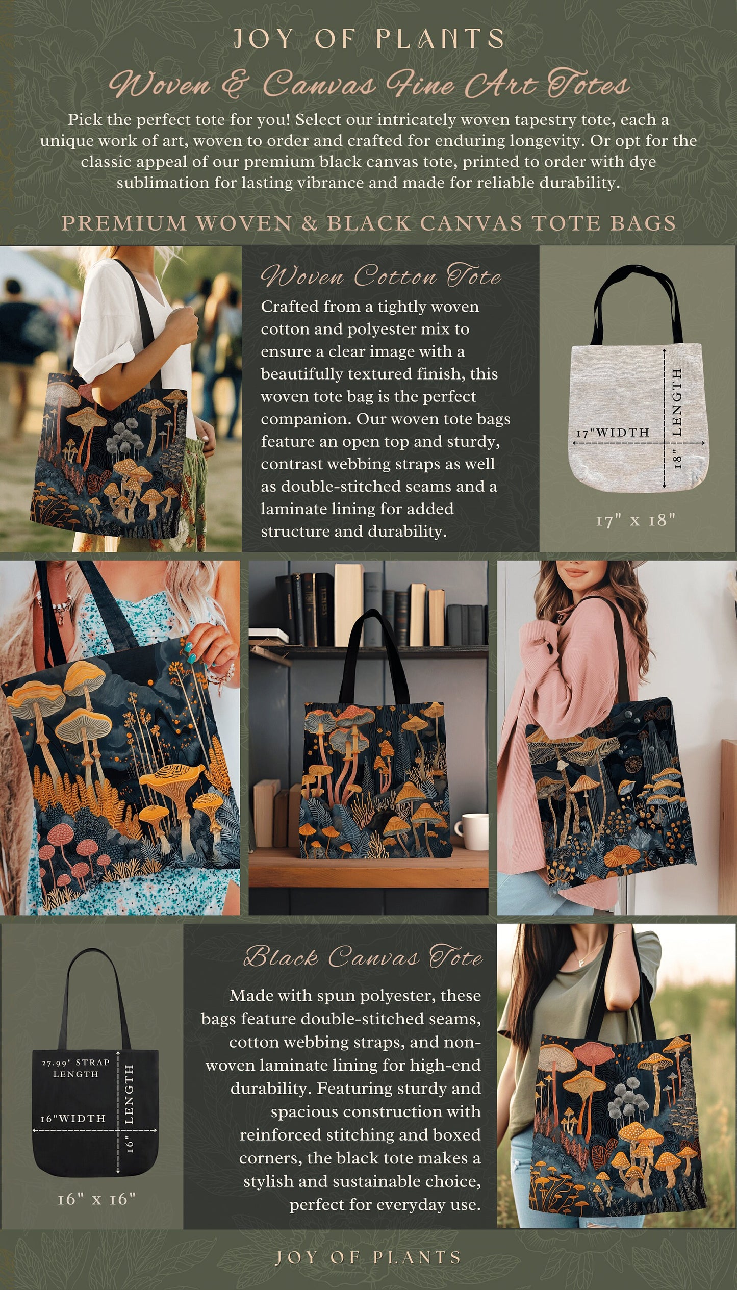 Dark Academia Tapestry Tote | Ethereal Gift for Forager Fairy Core Mystical Bag Woven Cottagecore Satchel Mycology Gift for Mushroom Lover