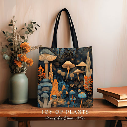 Whimsical Mushroom Tote Bag | Ethereal Gift for Mushroom Lover Fairy Mystical Bag Woven Dark Cottagecore Satchel Mycology Gift for Forager