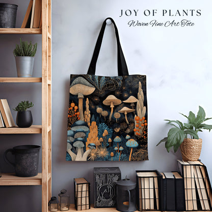 Whimsical Mushroom Tote Bag | Ethereal Gift for Mushroom Lover Fairy Mystical Bag Woven Dark Cottagecore Satchel Mycology Gift for Forager