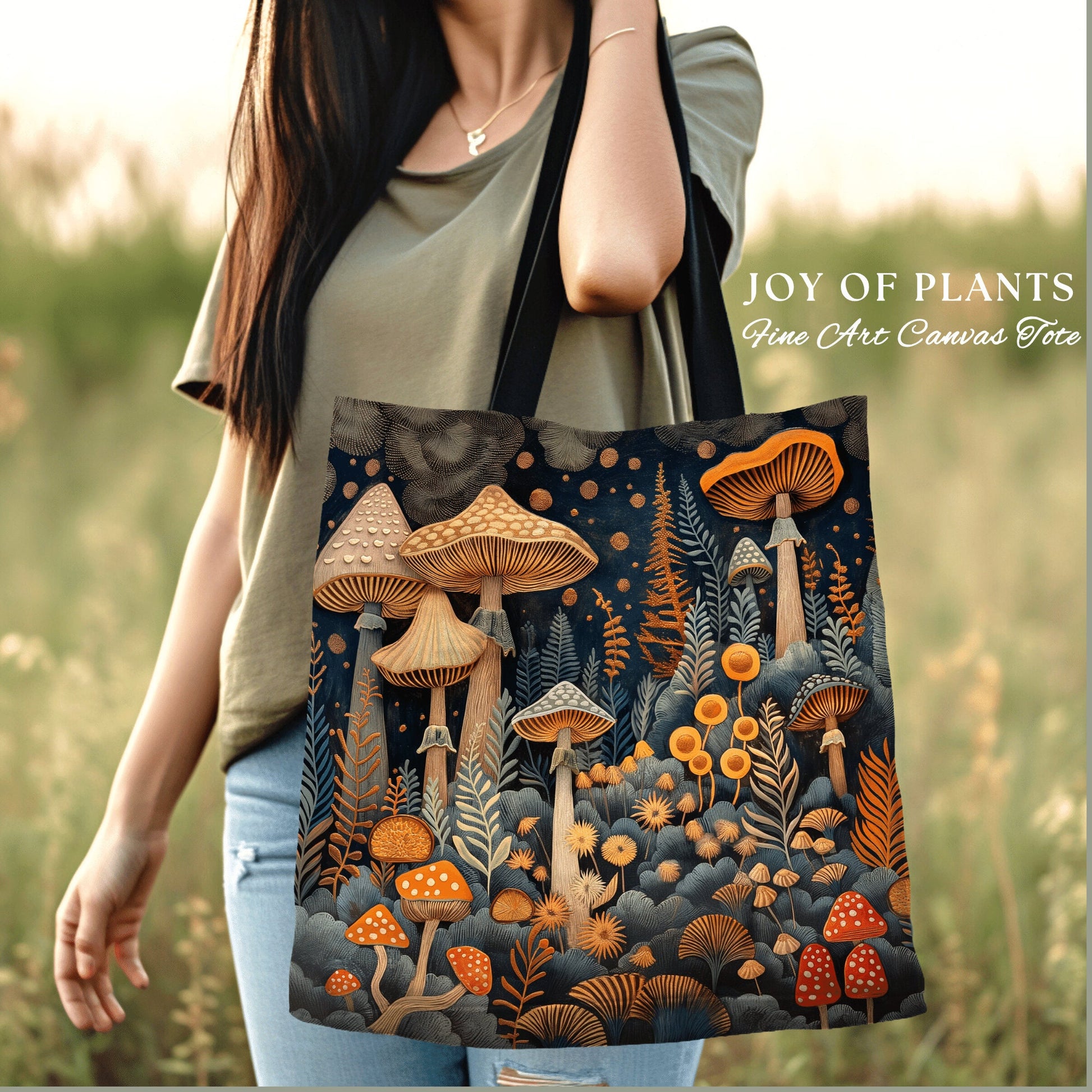 Mushroom Forest Ethereal Tote | Forestcore Gift for Witch Fairy Mystical Bag Woven Dark Cottagecore Satchel Mycology Gift for Forager Cute