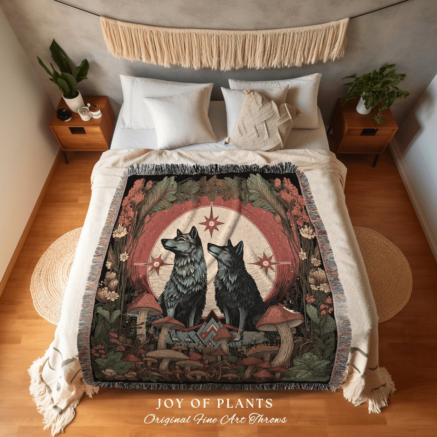 Mystical Wolf Tapestry Blanket | Cottagecore Gift for Wolf Lover Nordic Aesthetic Nordic Blanket Medieval Style Nordic Throw Mushroomcore