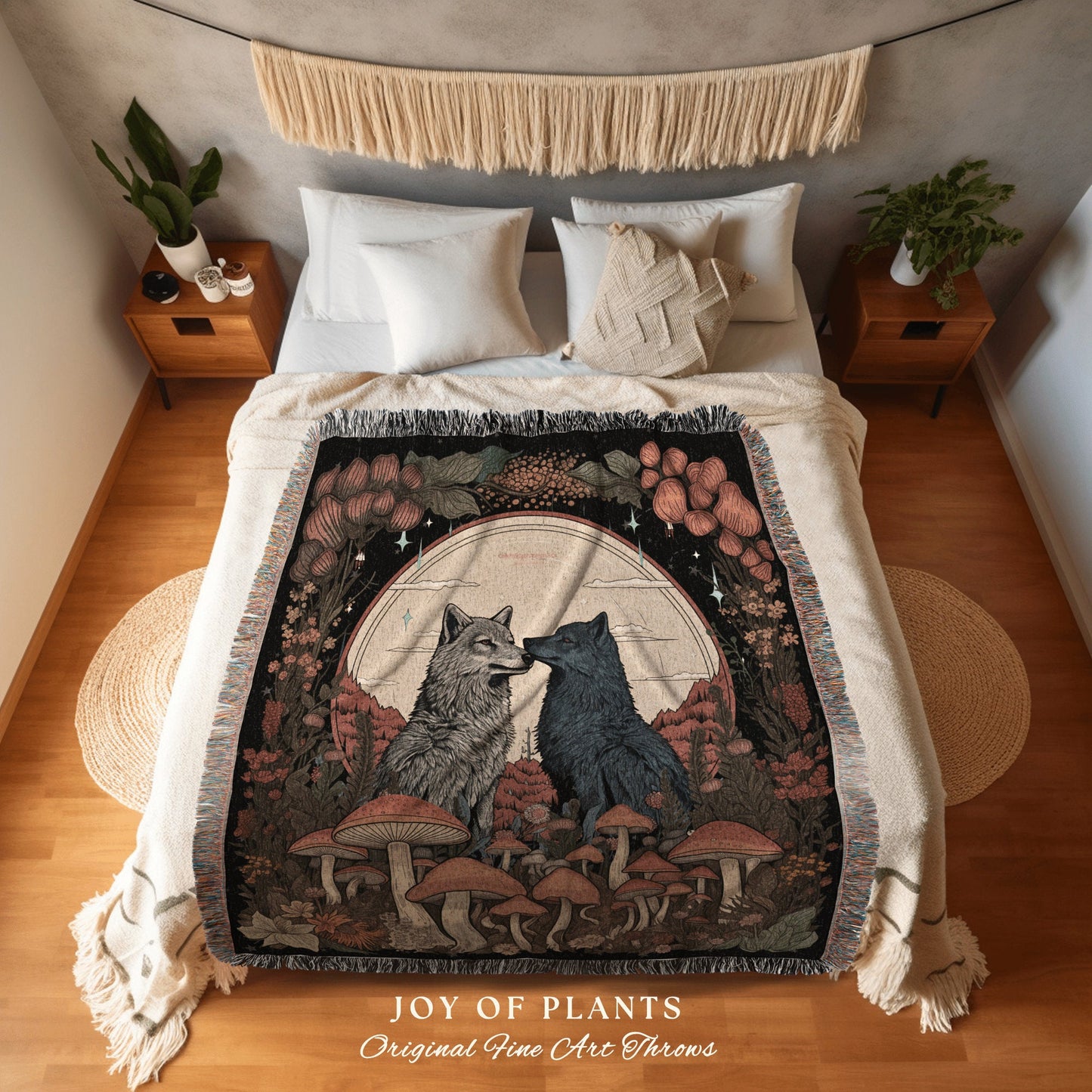 Wolf Couple Mushroom Throw Blanket | Cottagecore Gift for Wolf Lover Nordic Aesthetic Nordic Blanket Medieval Style Nordic Throw Forestcore