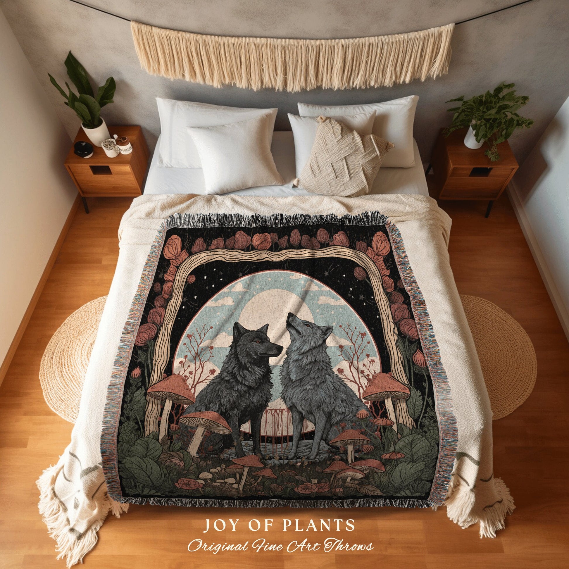 Retro Woodland Wolf Blanket | Outdoorsy Gift Wolf Couple Nordic Blanket Medieval Aesthetic Cottagecore Tarot Throw Unique Mushroom Gifts