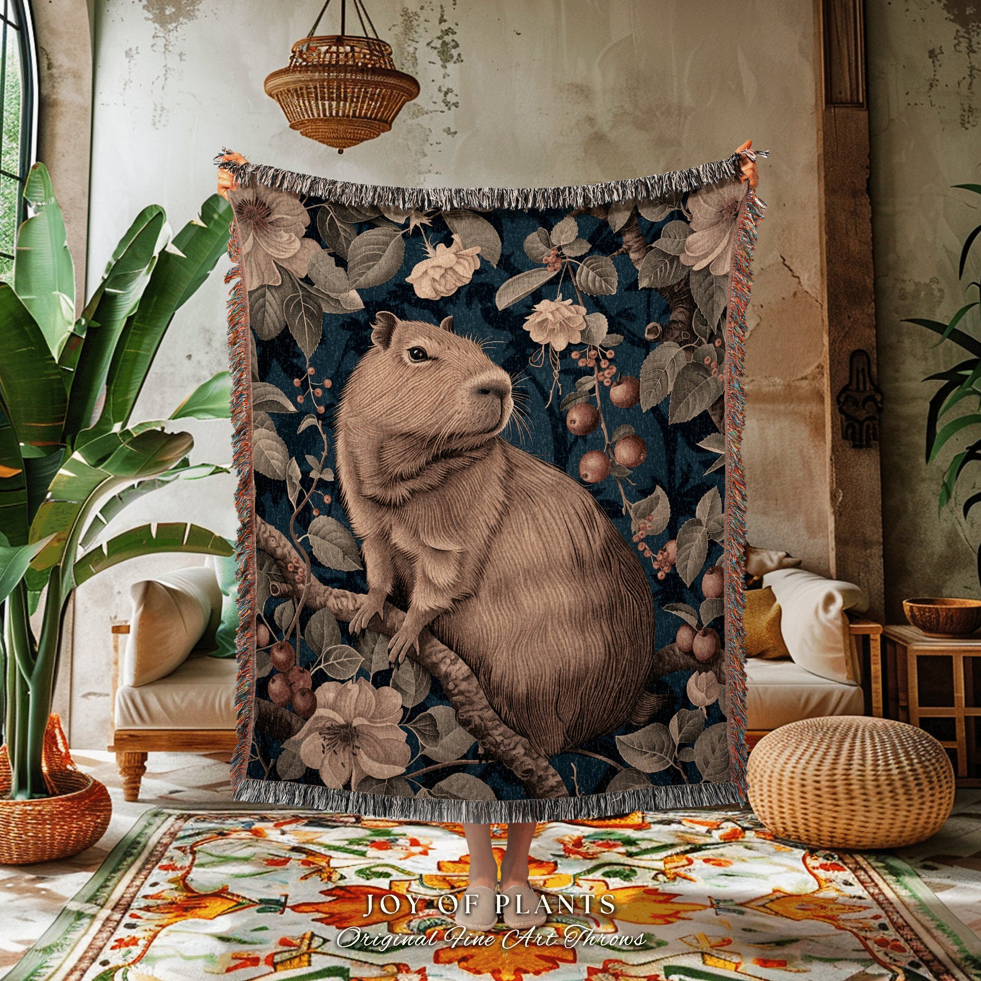 Cute Capybara Floral Woven Blanket | Pastel Aesthetic Whimsical Tapestry Woven Mystical Book Nook Gift for Reader Cute Woodland Throw Cozy