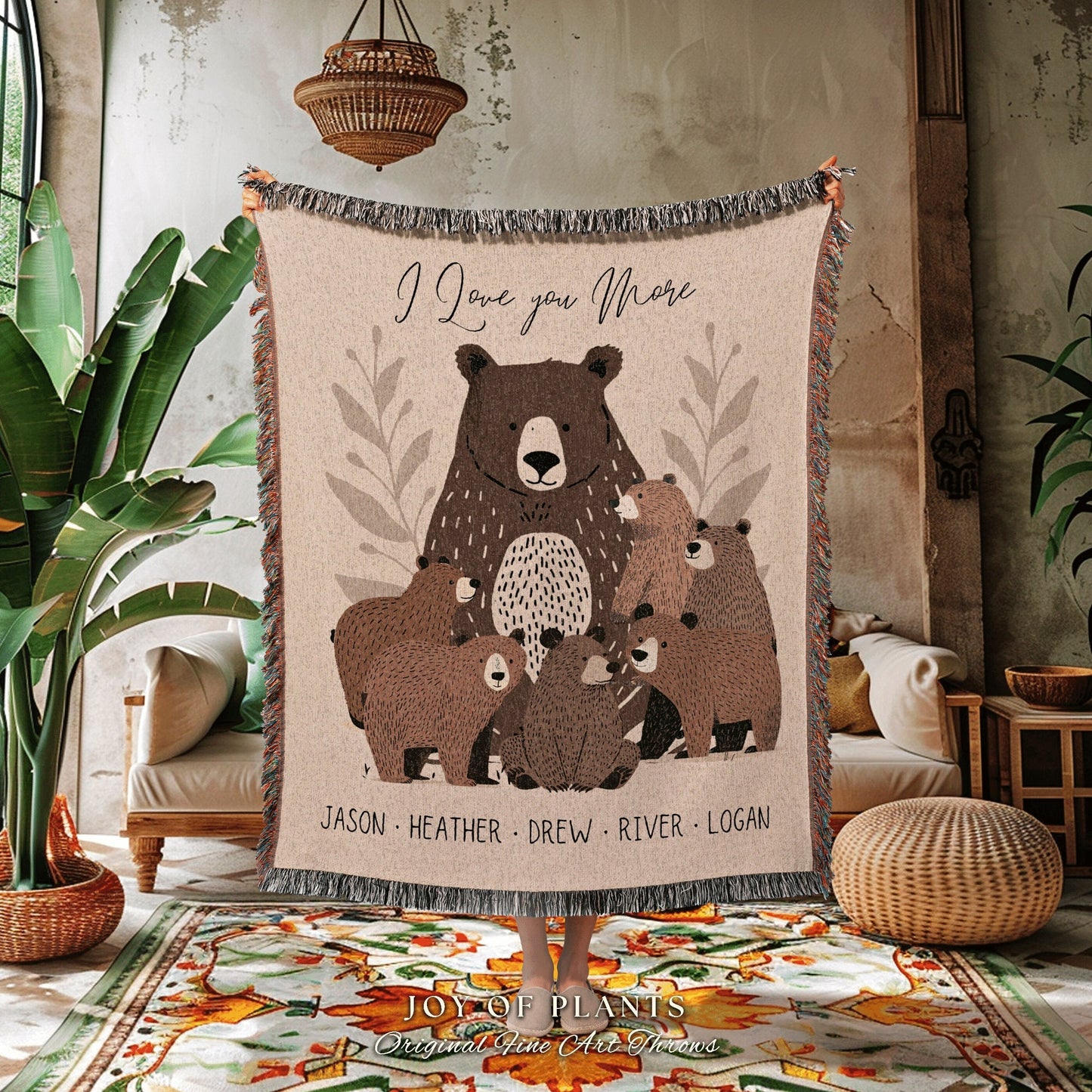 Personalized Mama Bear Blanket | Custom Family Gift for Mom with Grandchildren Names Sentimental Parent Tapestry Woven Throw Boho