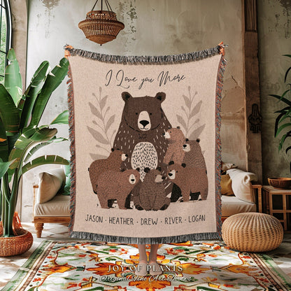 Personalized Mama Bear Blanket | Custom Family Gift for Mom with Grandchildren Names Sentimental Parent Tapestry Woven Throw Boho