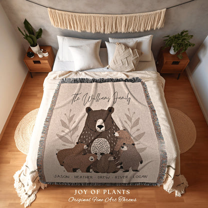 Cozy Bear Family Custom Blanket | Personalized Gift for Mom with Grandchildren Names Sentimental Parent Tapestry Woven Throw Boho Decor