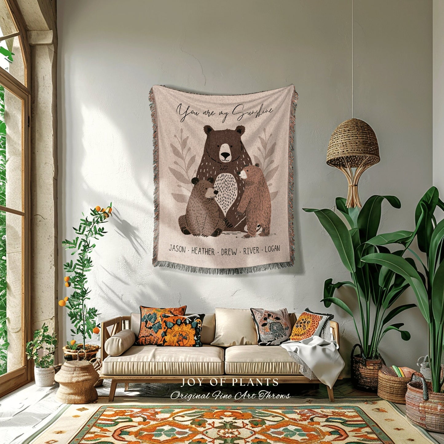 Mama Bear and Cubs Cozy Throw | Personalized Gift for Mom Blanket with Grandchildren Names Meaningful Parent Tapestry Boho Custom Decor