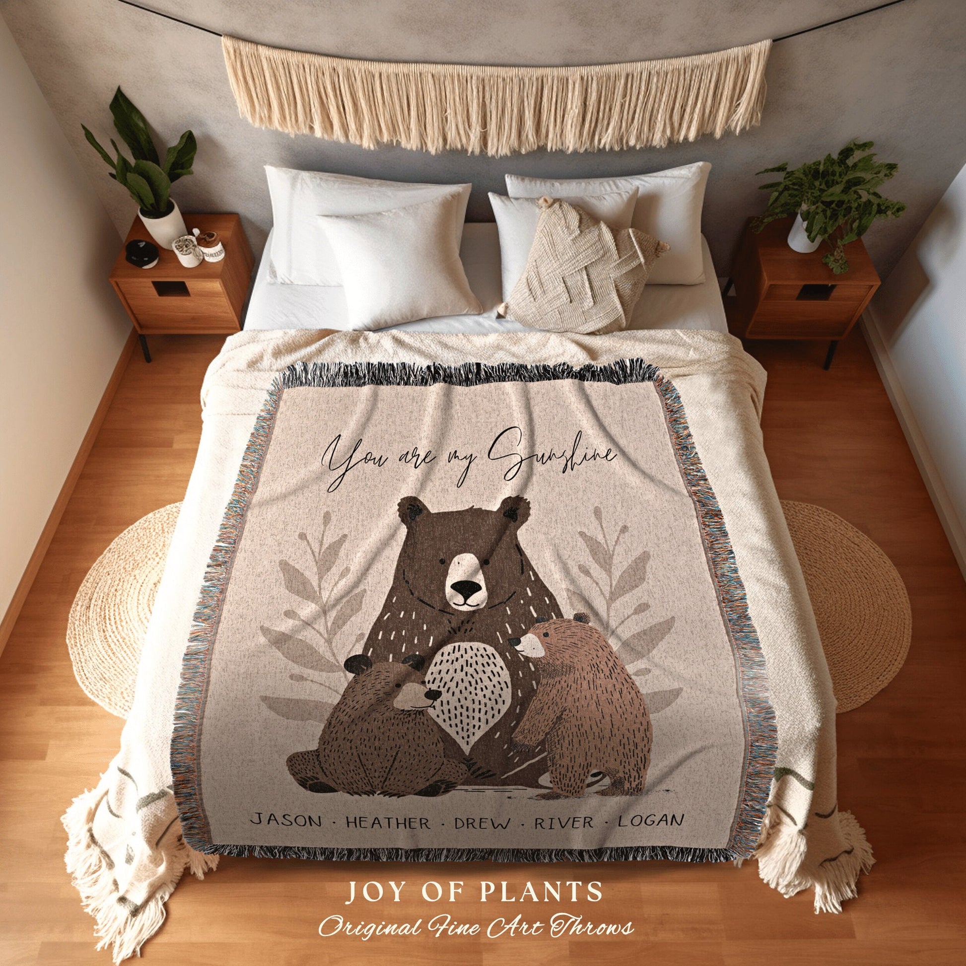 Mama Bear and Cubs Cozy Throw | Personalized Gift for Mom Blanket with Grandchildren Names Meaningful Parent Tapestry Boho Custom Decor