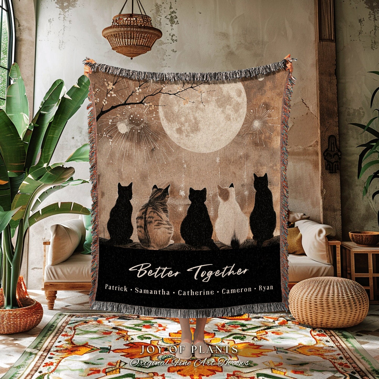 Better Together Family Picnic Blanket | Custom Cat Mom Blanket with Children's Names Meaningful Parent Woven Tapestry Custom Woven Throw