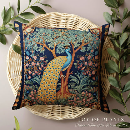 Elegant Peacock Home Decor Pillow | William Morris Inspired Peacock Woodland Decor Cushion Botanical Ornate Home Decor Eclectic Accent Throw