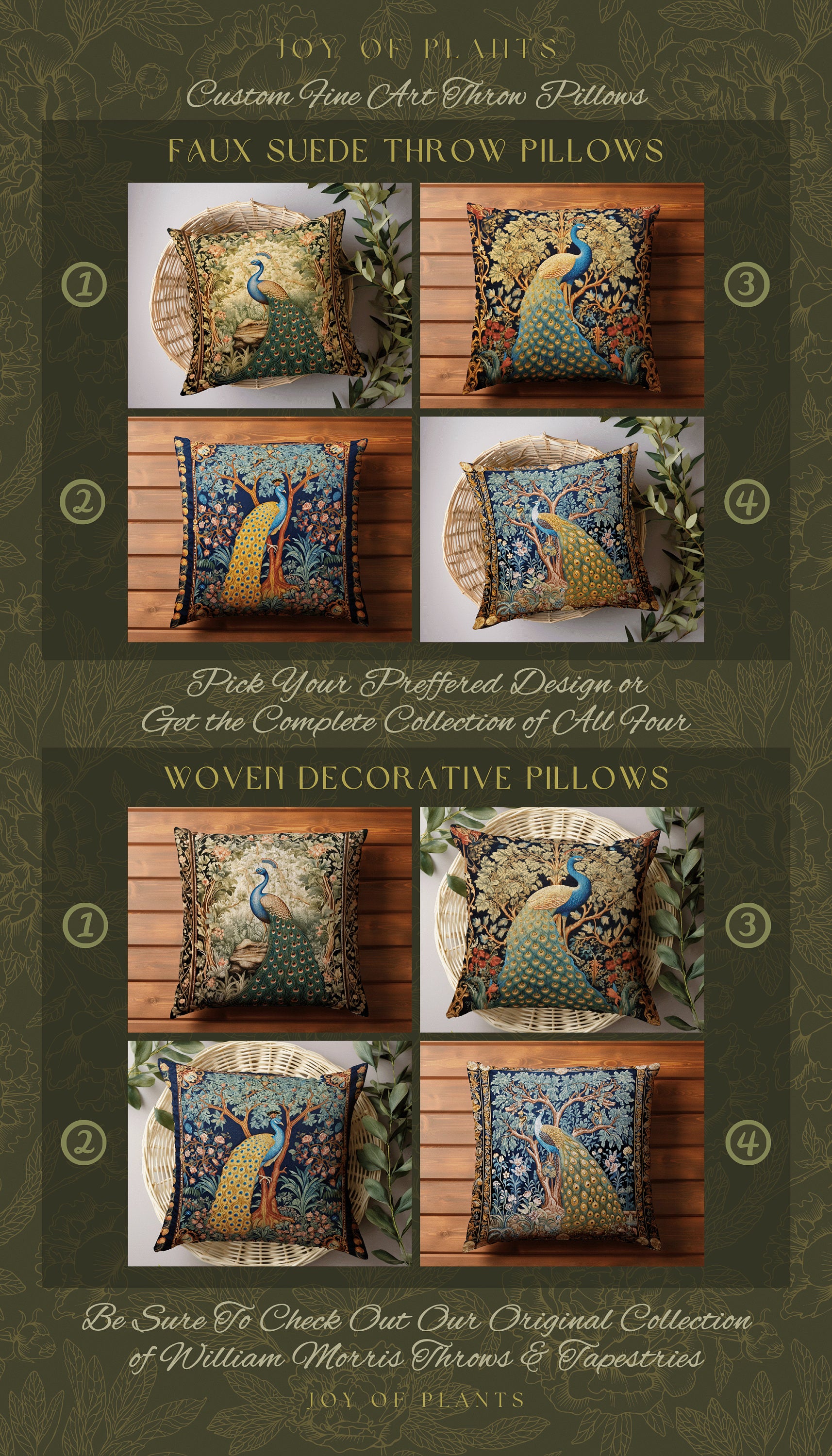 Maximalist Aesthetic Peacock Pillow | William Morris Inspired Peacock Woodland Decor Cushion Botanical Ornate Home Decor Eclectic Throw