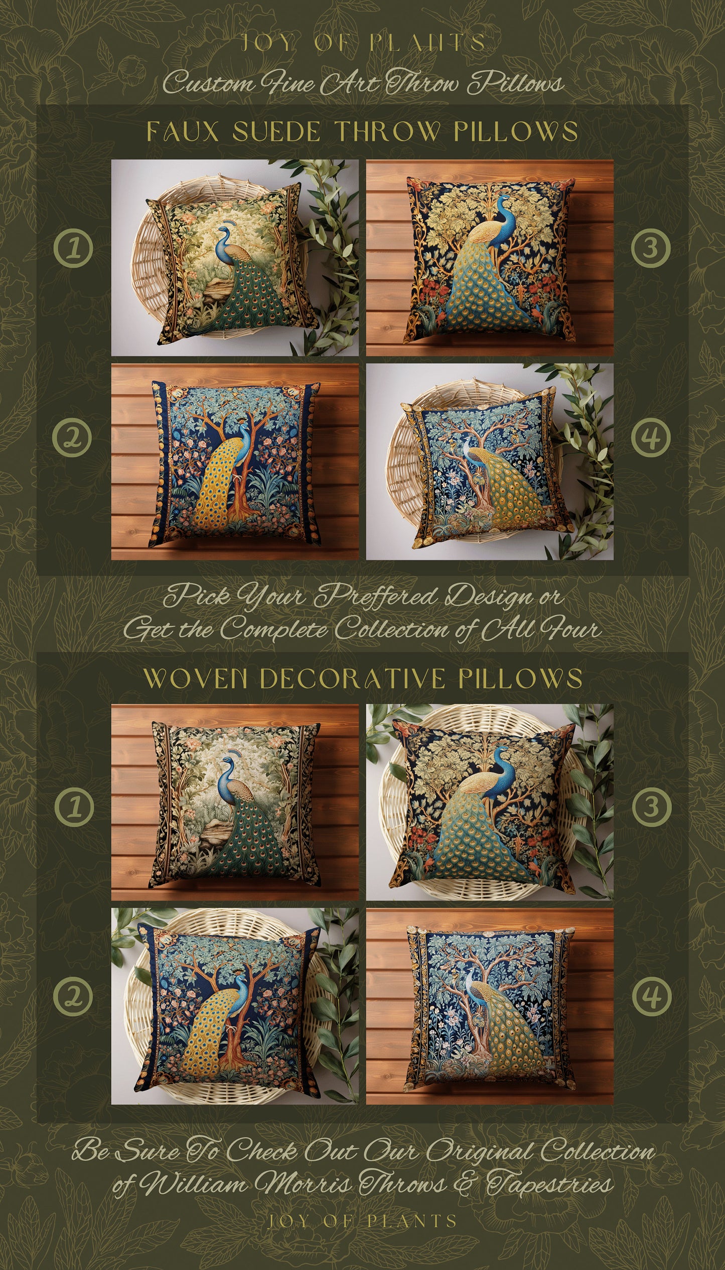 Classic Aesthetic Peacock Throw Pillow | William Morris Inspired Peacock Woodland Decor Cushion Botanical Ornate Home Decor Eclectic Accent