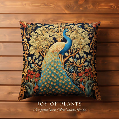 Maximalist Aesthetic Peacock Pillow | William Morris Inspired Peacock Woodland Decor Cushion Botanical Ornate Home Decor Eclectic Throw