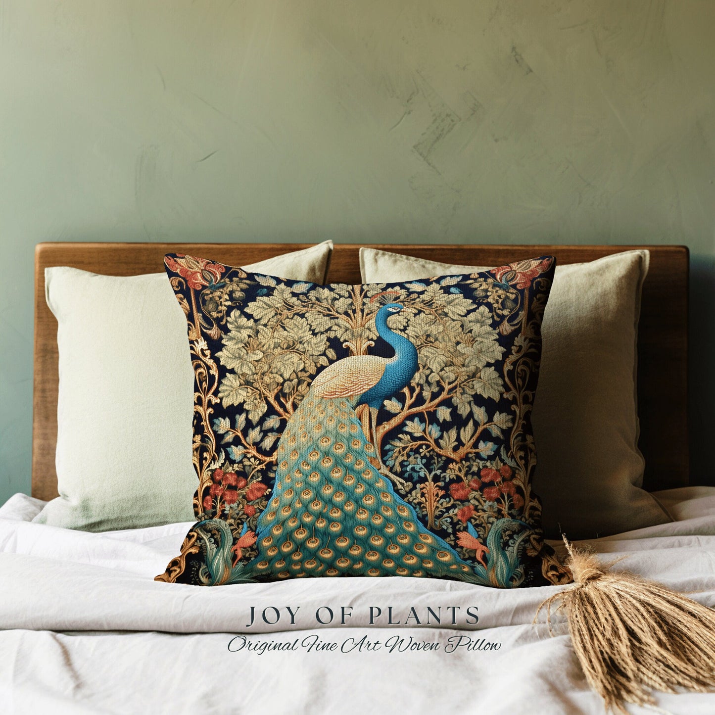 Maximalist Aesthetic Peacock Pillow | William Morris Inspired Peacock Woodland Decor Cushion Botanical Ornate Home Decor Eclectic Throw