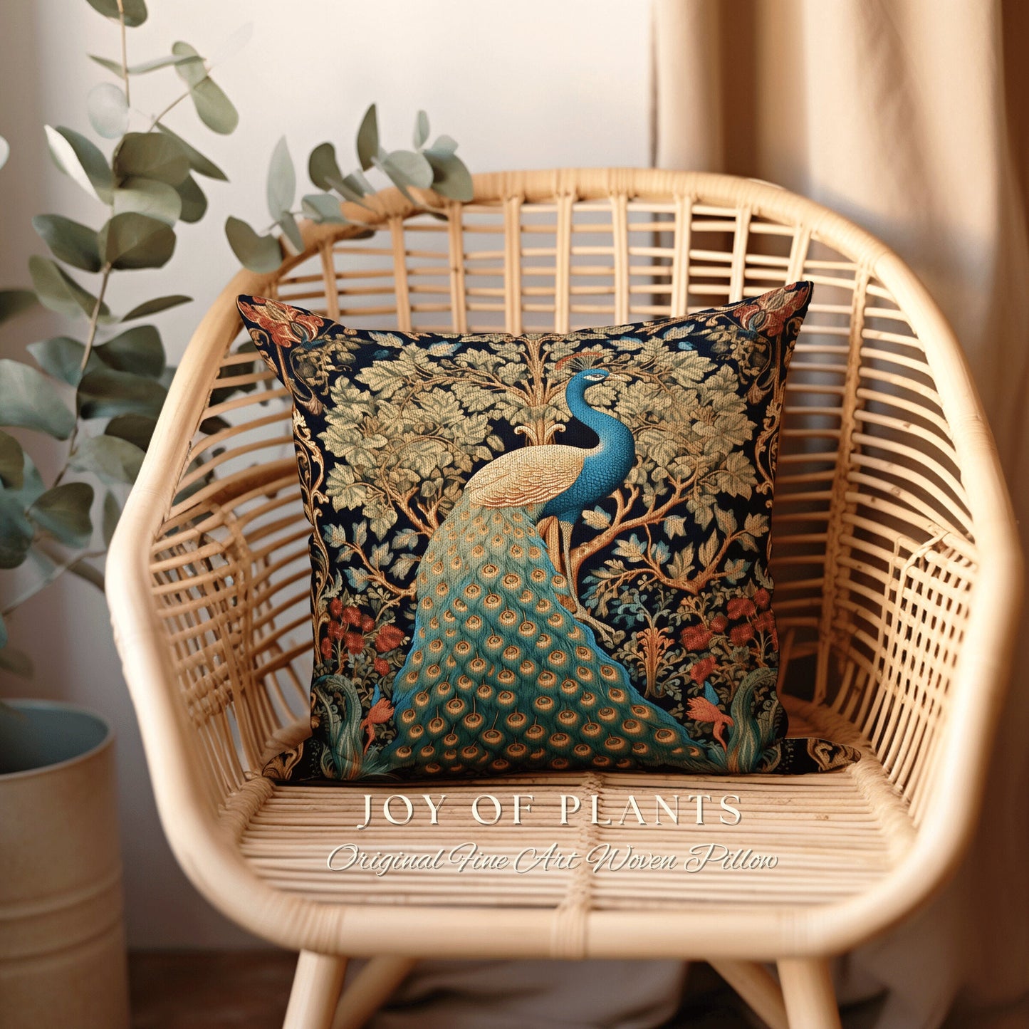 Maximalist Aesthetic Peacock Pillow | William Morris Inspired Peacock Woodland Decor Cushion Botanical Ornate Home Decor Eclectic Throw