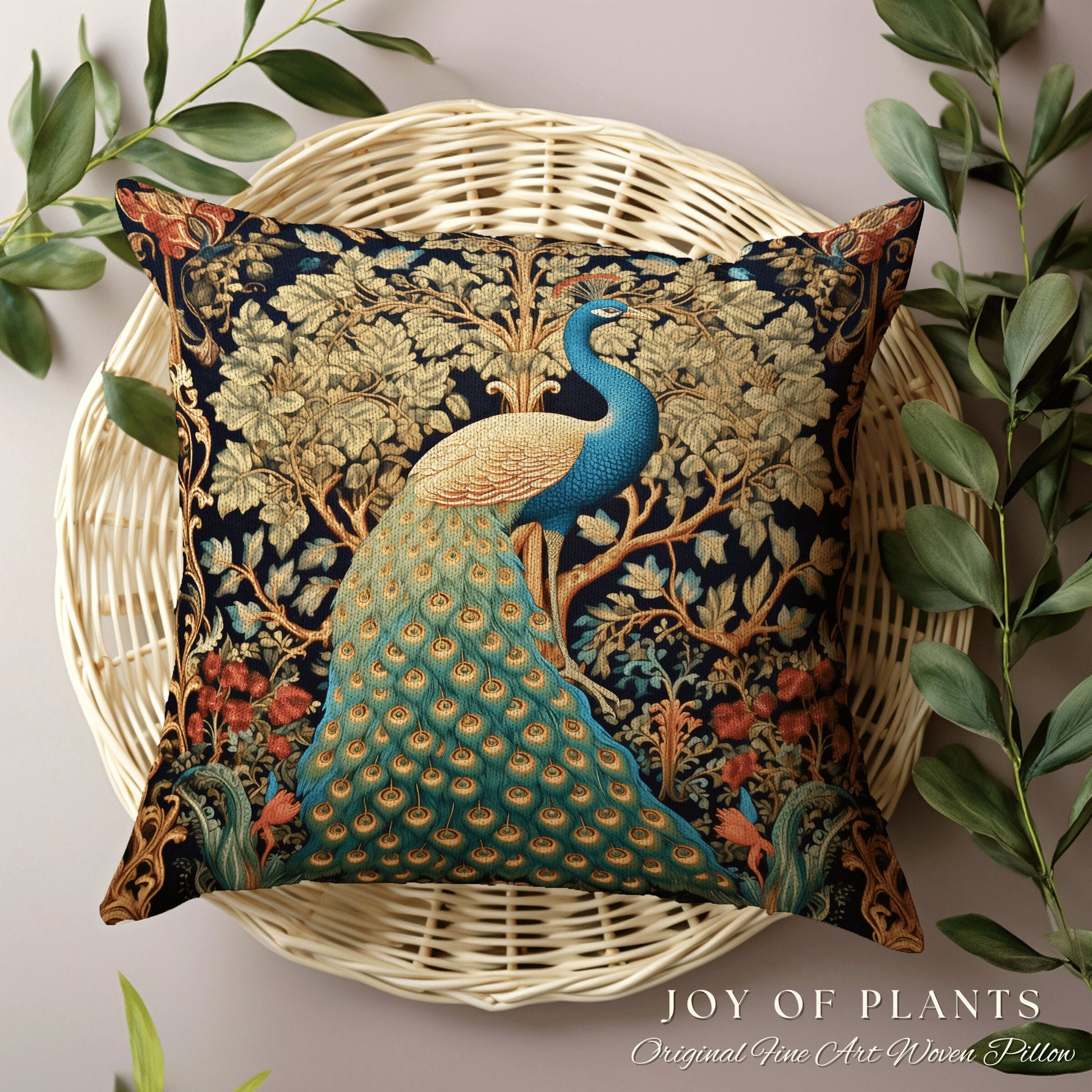 Maximalist Aesthetic Peacock Pillow | William Morris Inspired Peacock Woodland Decor Cushion Botanical Ornate Home Decor Eclectic Throw