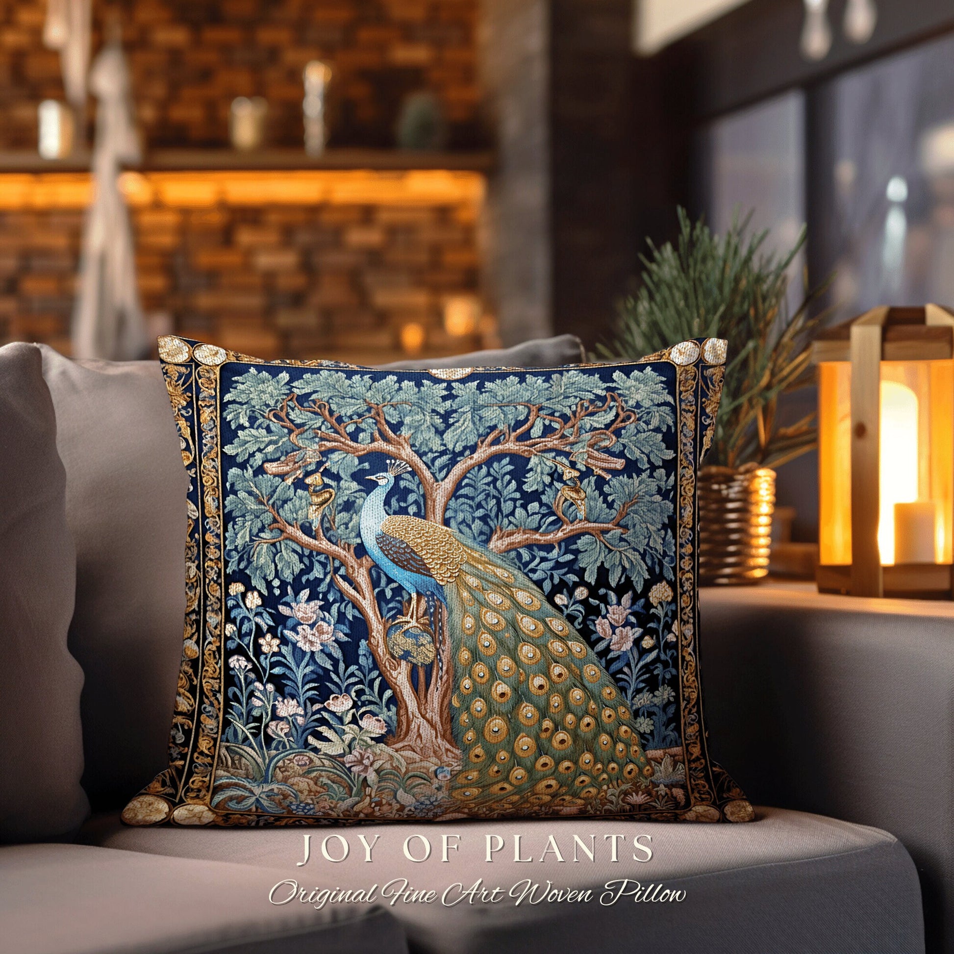 Classic Aesthetic Peacock Throw Pillow | William Morris Inspired Peacock Woodland Decor Cushion Botanical Ornate Home Decor Eclectic Accent