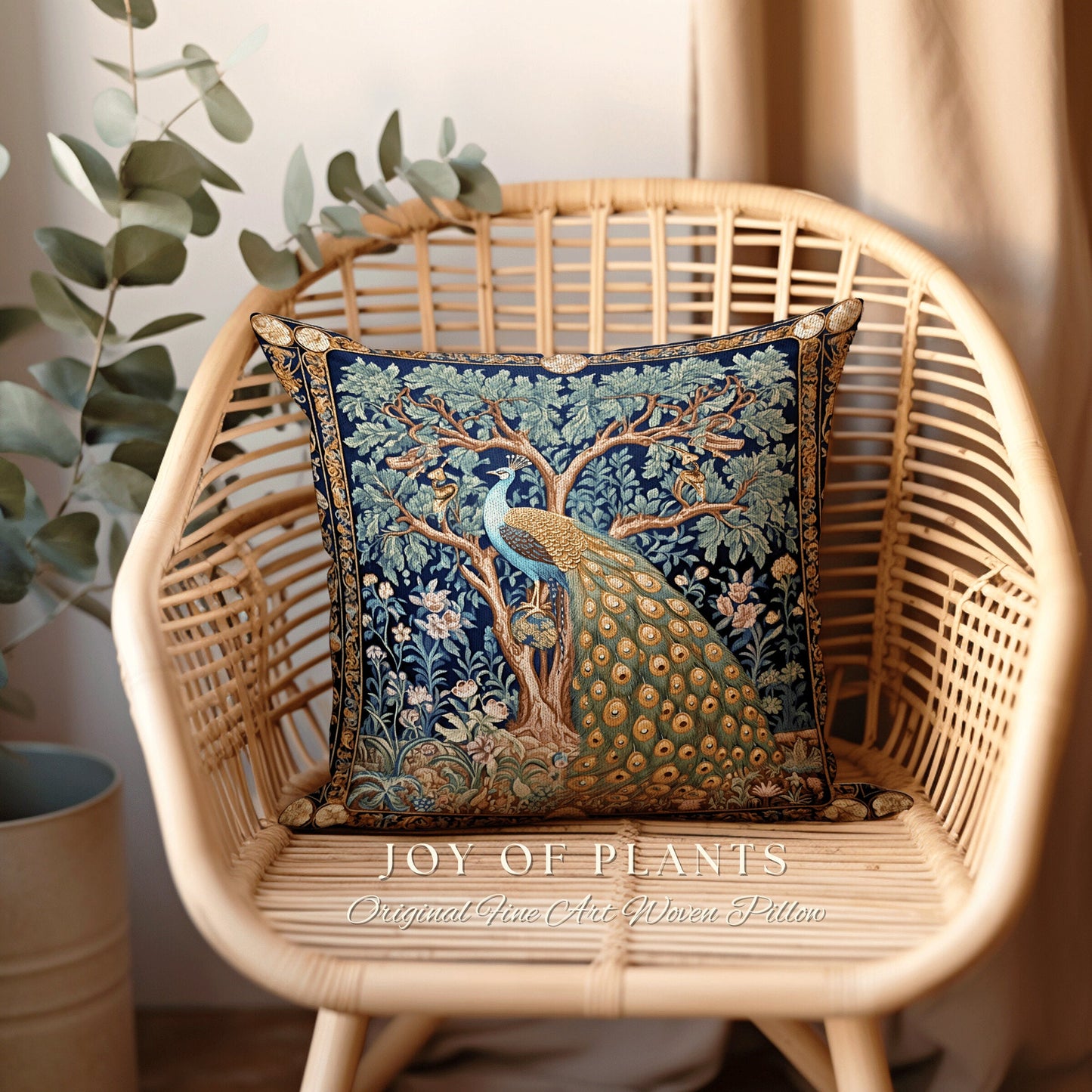 Classic Aesthetic Peacock Throw Pillow | William Morris Inspired Peacock Woodland Decor Cushion Botanical Ornate Home Decor Eclectic Accent