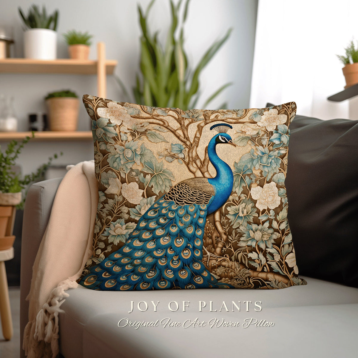 Peacock Couch Cushion Pastel | William Morris Inspired Peacock Pillow Woodland Aesthetic Cushion Botanical Ornate Home Decor Eclectic Accent