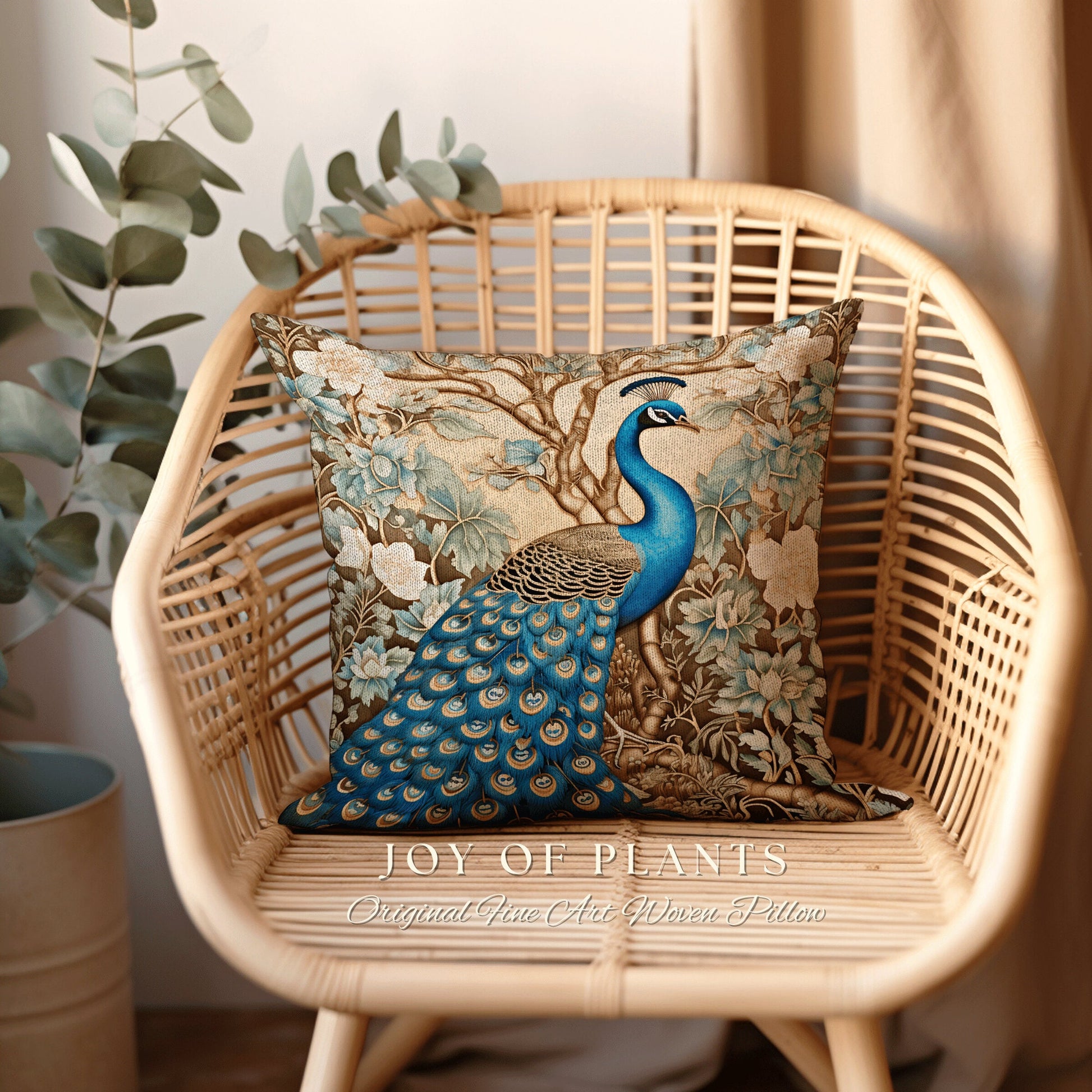 Peacock Couch Cushion Pastel | William Morris Inspired Peacock Pillow Woodland Aesthetic Cushion Botanical Ornate Home Decor Eclectic Accent