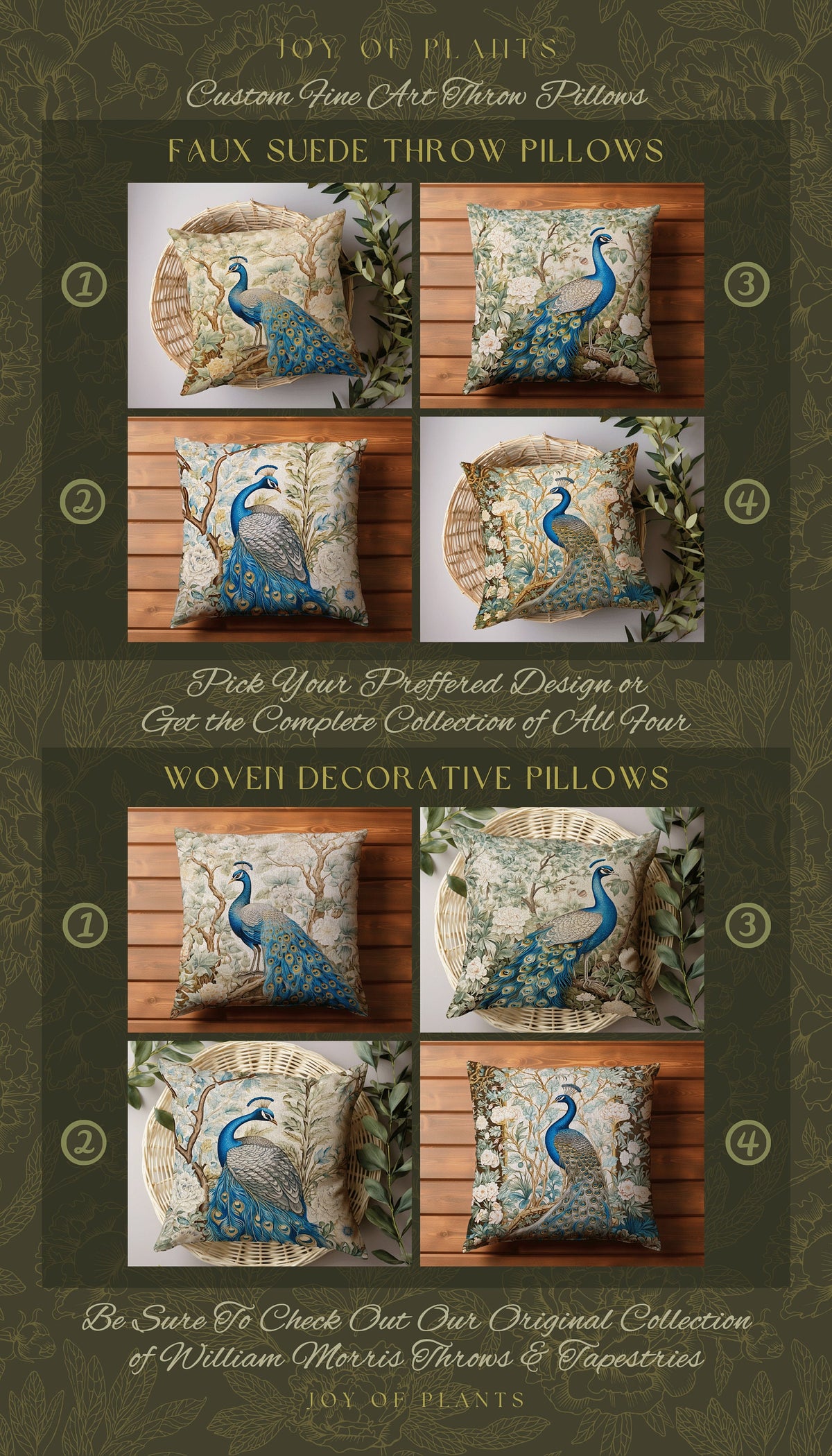 Soft Botanical Peacock Pillow | William Morris Style Peacock Pillow Woodland Royal Aesthetic Cushion Botanical Ornate Home Decor Eclectic