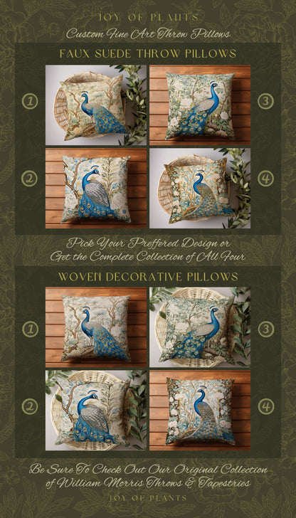 Soft Botanical Peacock Pillow | William Morris Style Peacock Pillow Woodland Royal Aesthetic Cushion Botanical Ornate Home Decor Eclectic