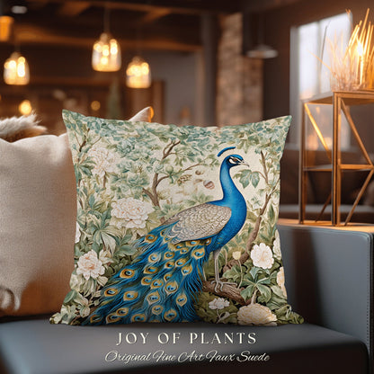 Wildflower Peacock Pillow Floral | William Morris Inspired Peacock Pillow Woodland Aesthetic Cushion Botanical Ornate Home Decor Eclectic