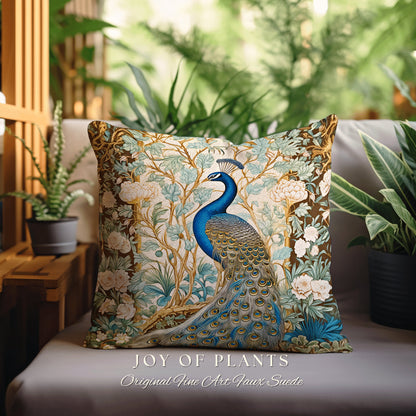 Soft Botanical Peacock Pillow | William Morris Style Peacock Pillow Woodland Royal Aesthetic Cushion Botanical Ornate Home Decor Eclectic