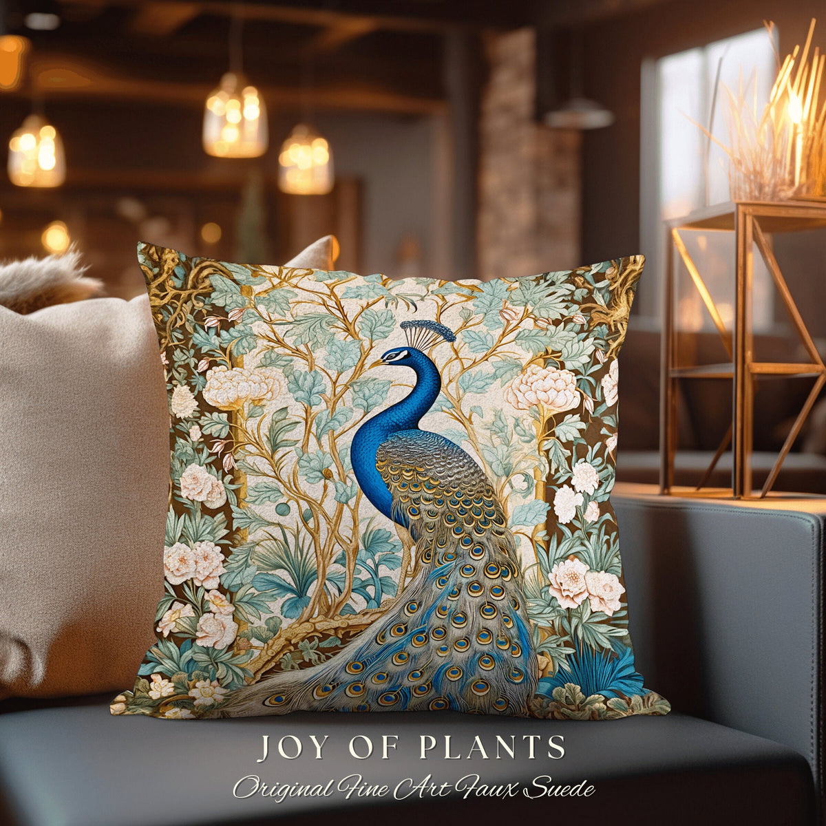 Soft Botanical Peacock Pillow | William Morris Style Peacock Pillow Woodland Royal Aesthetic Cushion Botanical Ornate Home Decor Eclectic