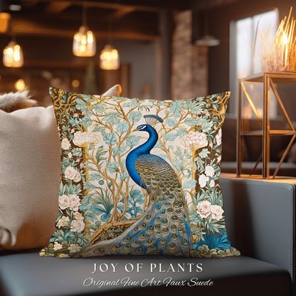 Soft Botanical Peacock Pillow | William Morris Style Peacock Pillow Woodland Royal Aesthetic Cushion Botanical Ornate Home Decor Eclectic