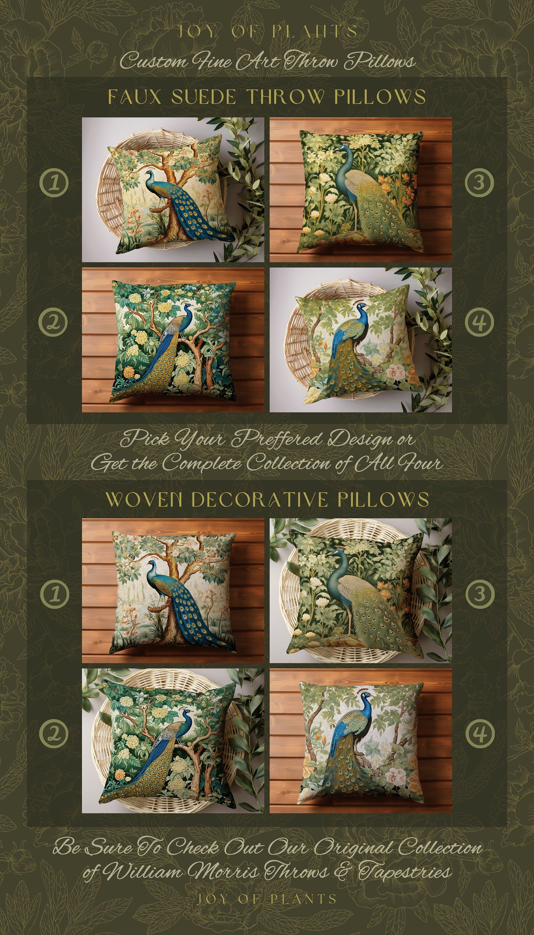 Eclectic Peacock Accent Pillow | William Morris Inspired Peacock Woodland Decor Pillow Maximalist Ornate Home Decor Throw Pillow Botanical