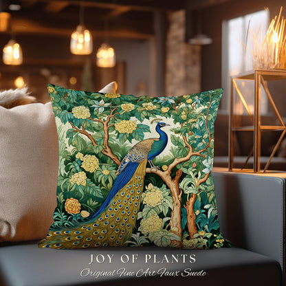 Eclectic Peacock Accent Pillow | William Morris Inspired Peacock Woodland Decor Pillow Maximalist Ornate Home Decor Throw Pillow Botanical