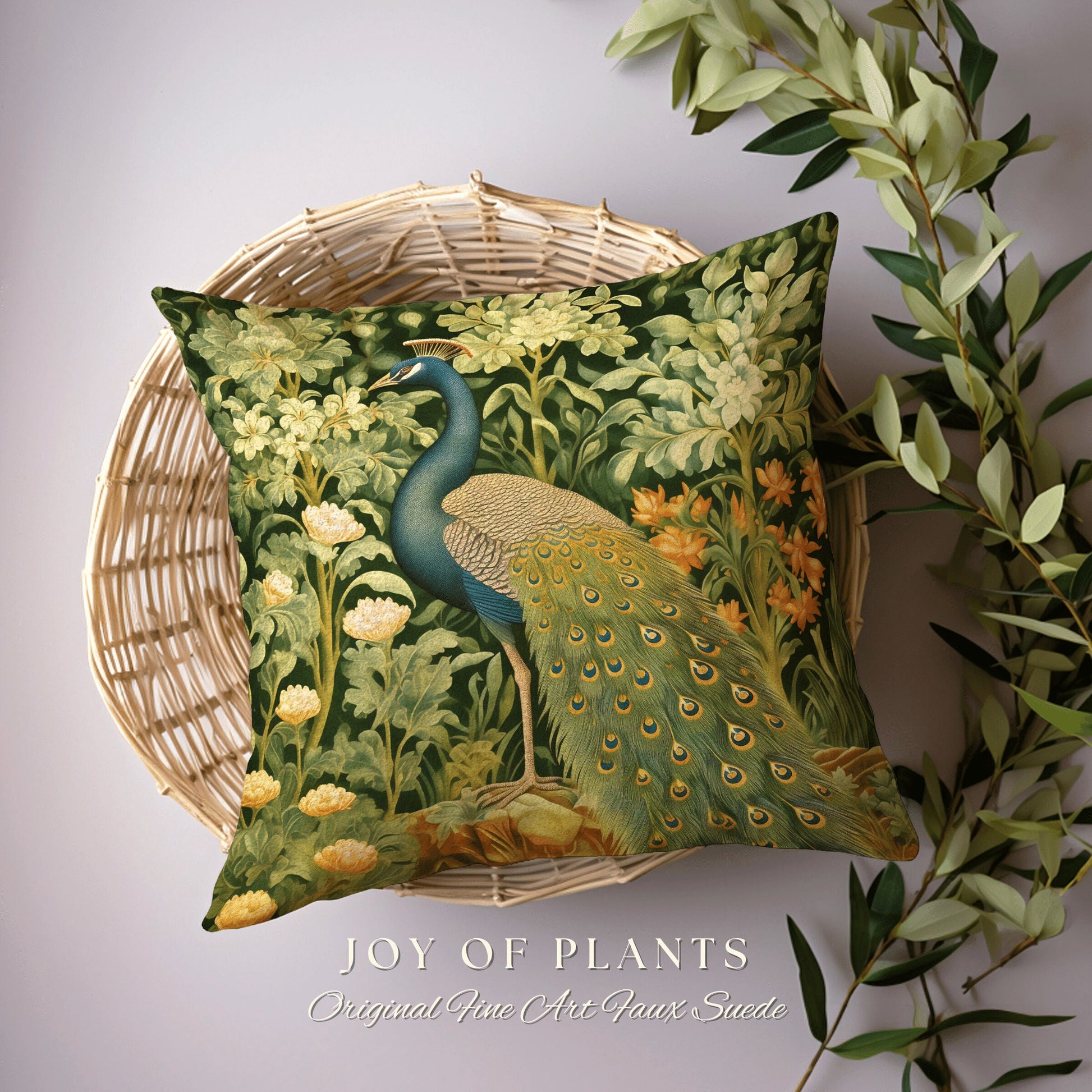 Elegant Botanical Accent Pillow | William Morris Inspired Peacock Woodland Decor Cushion Maximalist Ornate Home Decor Throw Pillow Eclectic