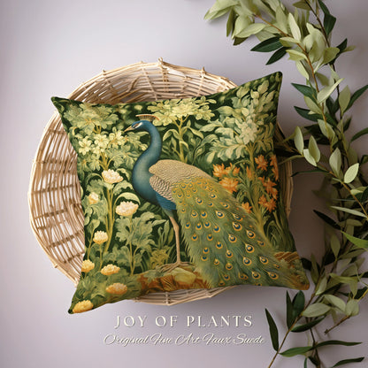 Elegant Botanical Accent Pillow | William Morris Inspired Peacock Woodland Decor Cushion Maximalist Ornate Home Decor Throw Pillow Eclectic