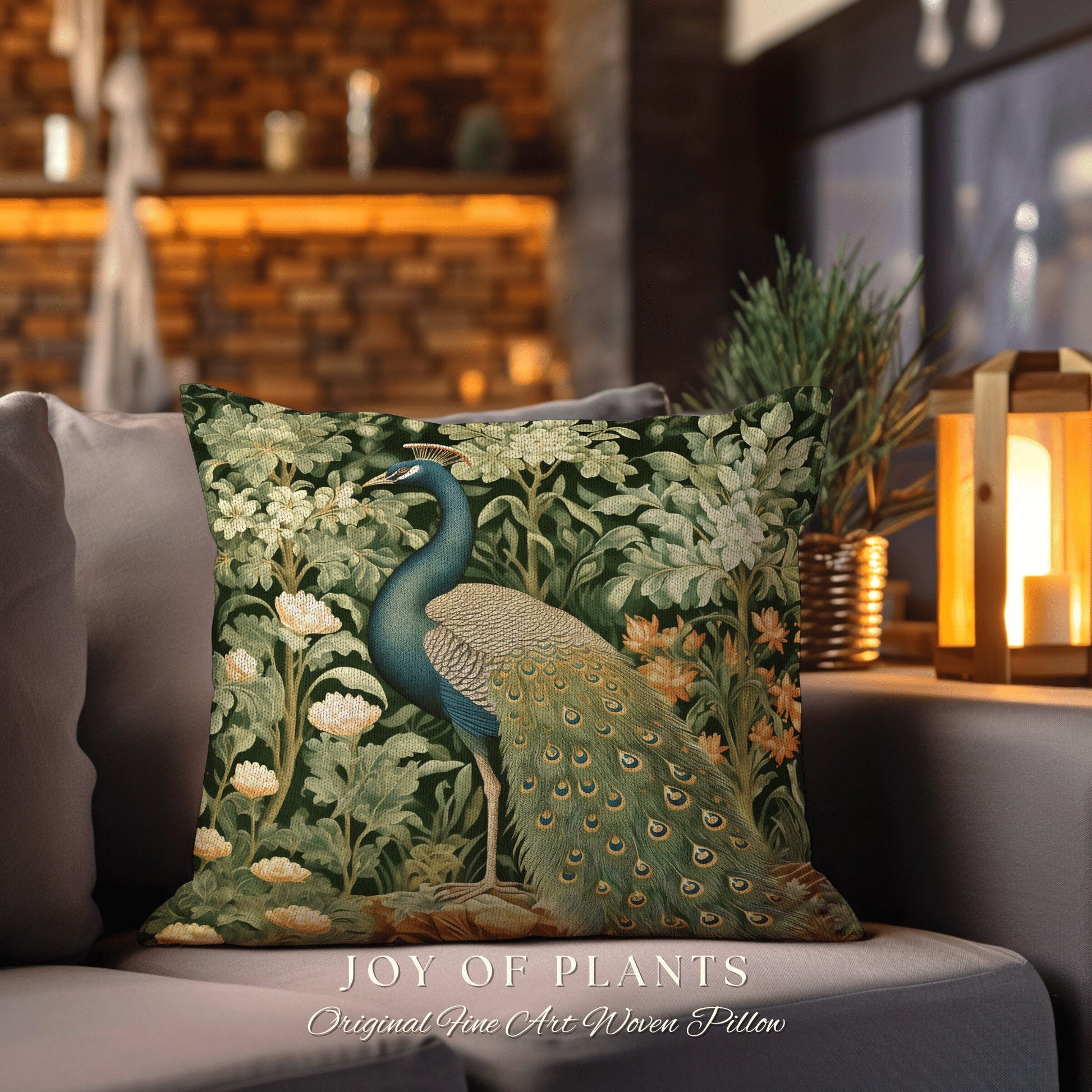 Elegant Botanical Accent Pillow | William Morris Inspired Peacock Woodland Decor Cushion Maximalist Ornate Home Decor Throw Pillow Eclectic