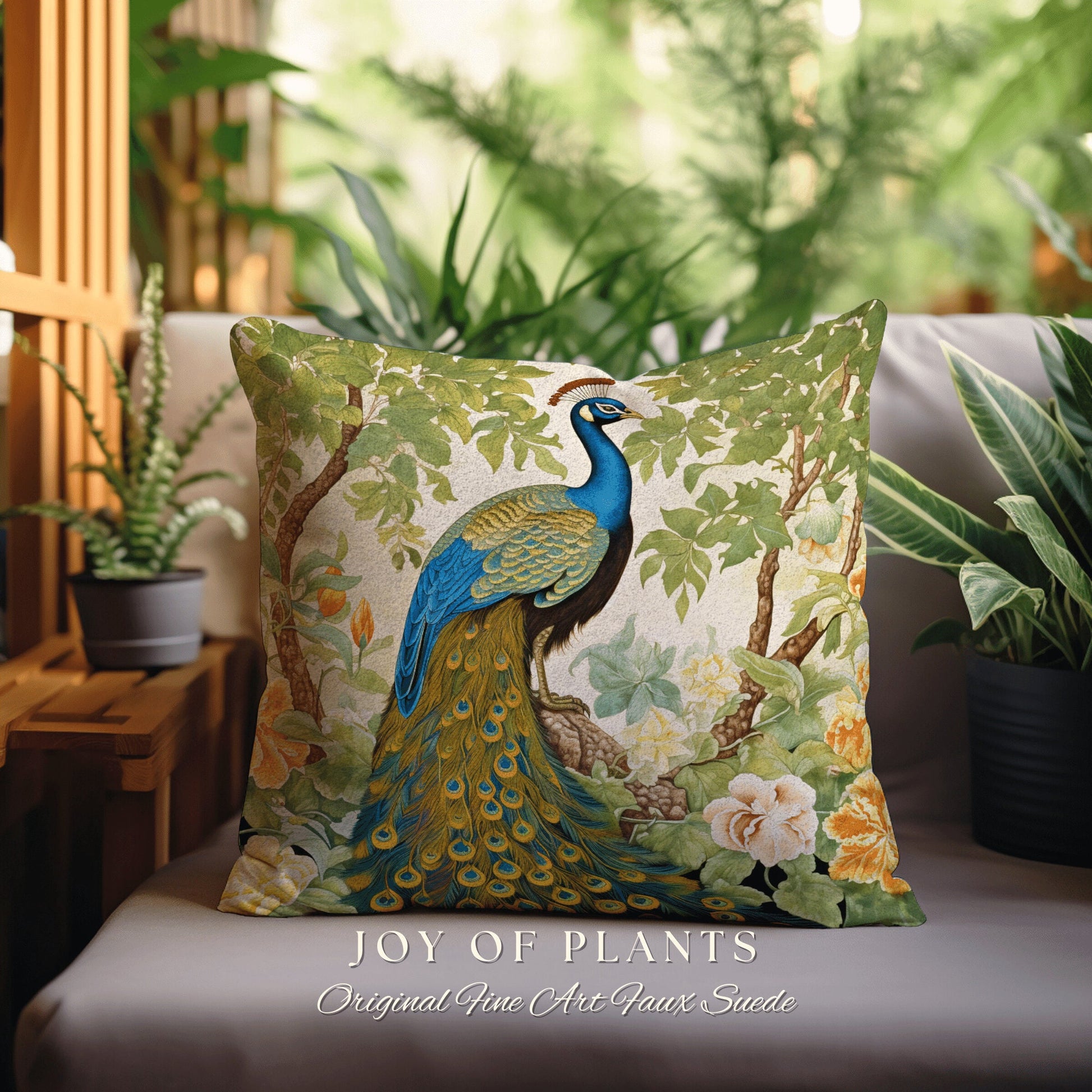 Pastel Jungle Peacock Cushion | William Morris Inspired Peacock Woodland Decor Cushion Maximalist Ornate Home Decor Throw Pillow Eclectic