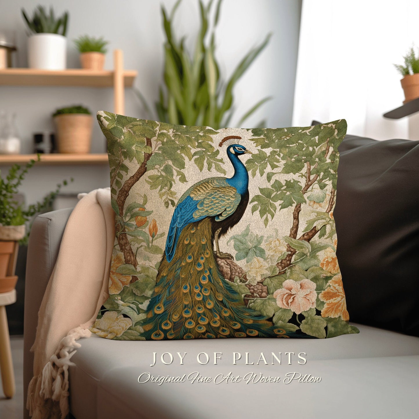 Pastel Jungle Peacock Cushion | William Morris Inspired Peacock Woodland Decor Cushion Maximalist Ornate Home Decor Throw Pillow Eclectic