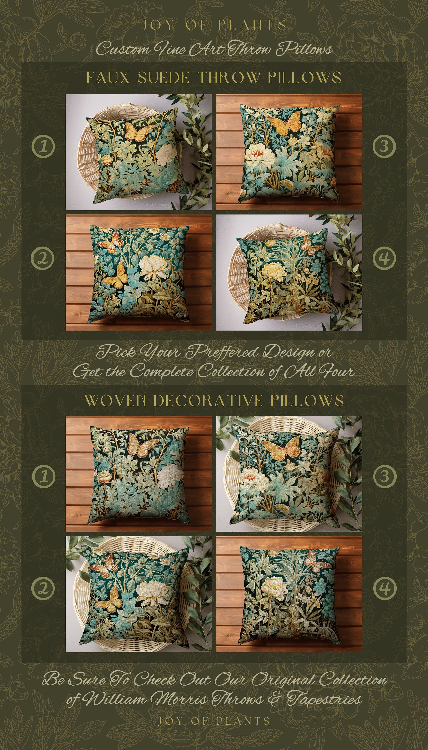 Botanical Butterfly Woodland Pillow | William Morris Inspired Forestcore Moth Aesthetic Cushion Maximalist Ornate Home Decor Throw Pillow |