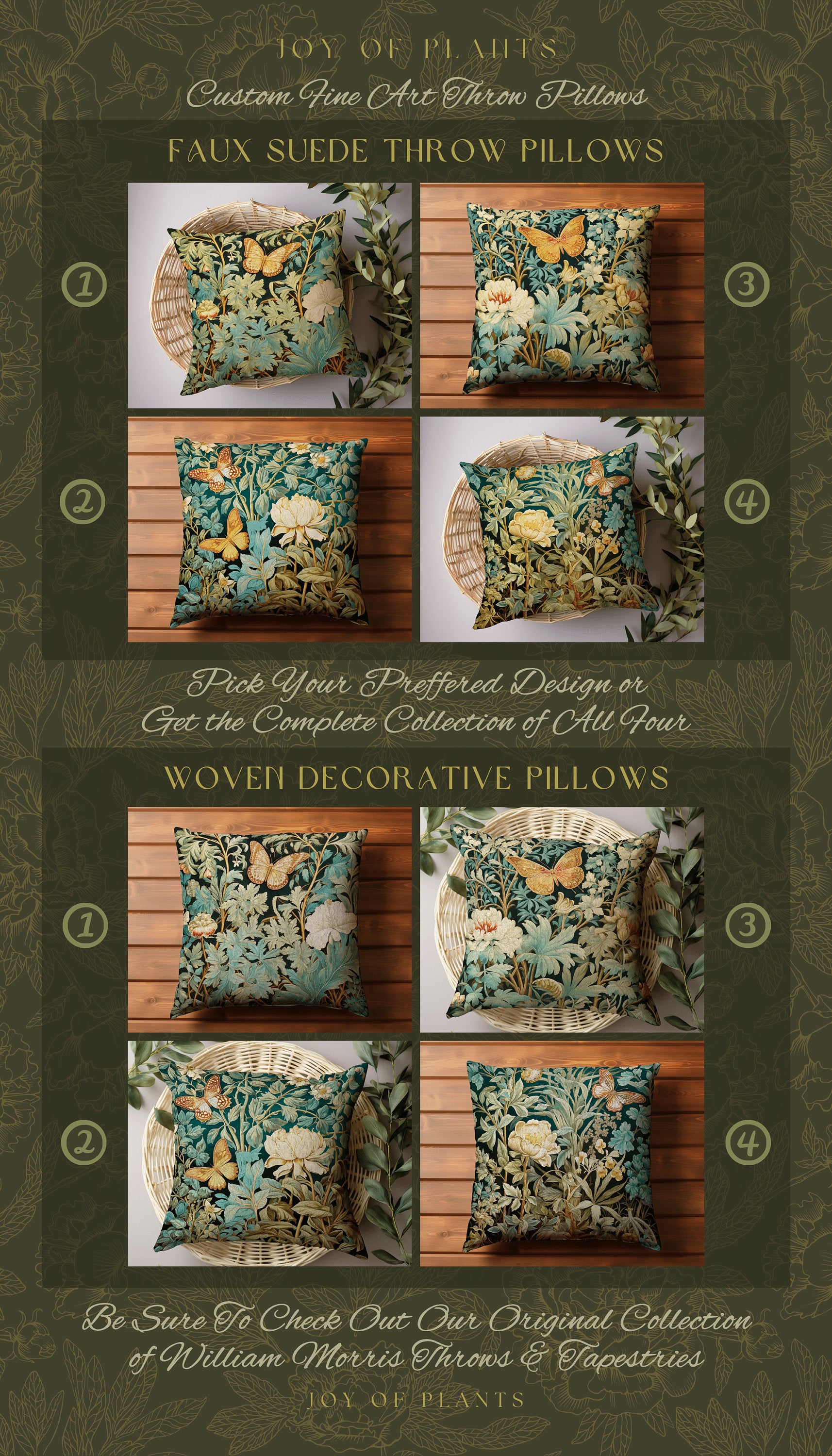 Mystic Garden Pillow Botanical | William Morris Inspired Woodland Butterfly Decor Cushion Maximalist Ornate Home Decor Throw Pillow Eclectic