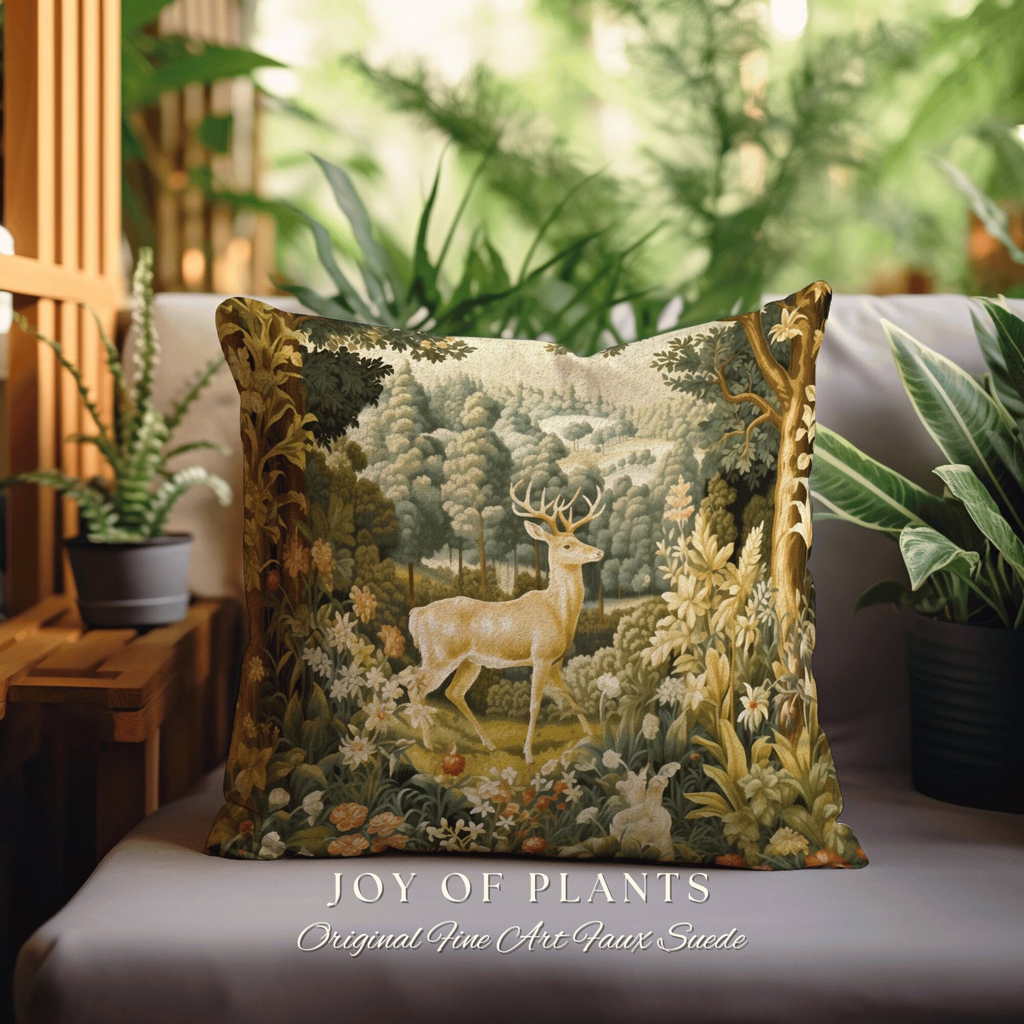 Mystic Meadow Deer Pillow | William Morris Inspired Woodland Fairycore Decor Cushion Maximalist Ornate Home Decor Throw Pillow Eclectic