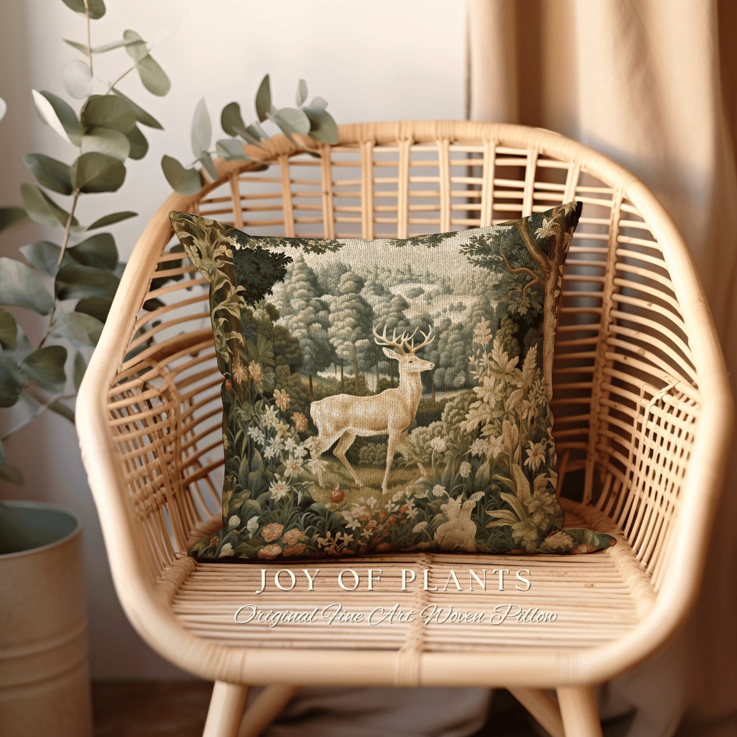 Mystic Meadow Deer Pillow | William Morris Inspired Woodland Fairycore Decor Cushion Maximalist Ornate Home Decor Throw Pillow Eclectic